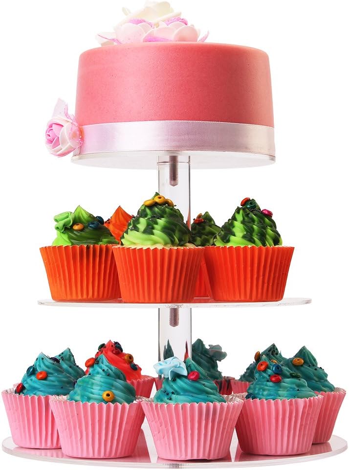 LoveDisplay 3 Tiers Round Cupcake Stand-Stacked Acrylic Clear Cake and Cupcake Display Stand-Maypole Cupcake Tower For Wedding Party