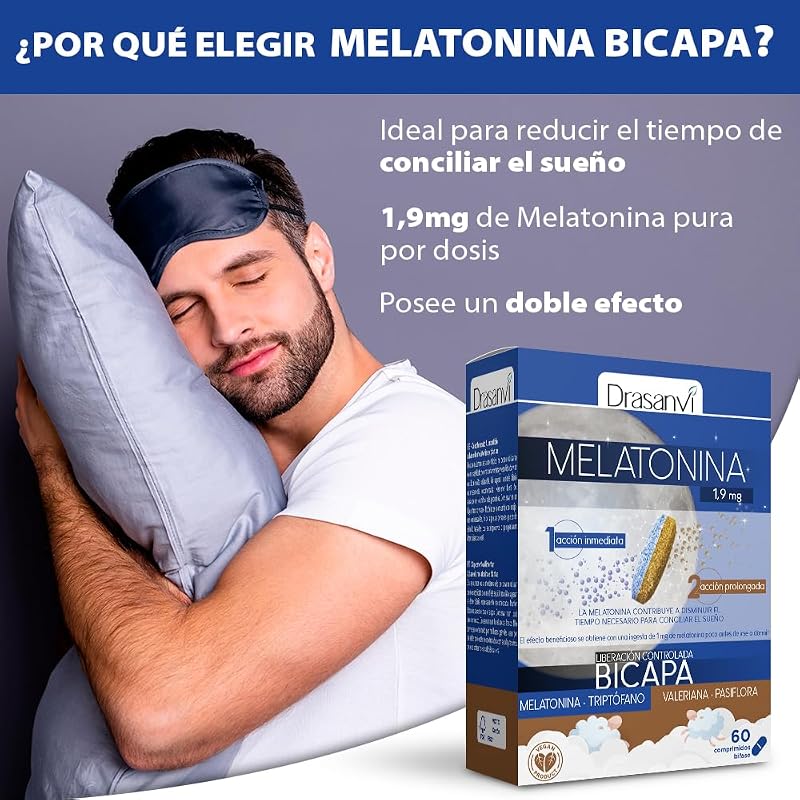 Melatonina Bicapa de 1,9 mg con Triptófano, Pasiflora y Valeriana | Doble Acción |Contribuye a Conciliar el Sueño de manera rápida y a una Relajación Natural | Envase 60 comp. = 60 Días