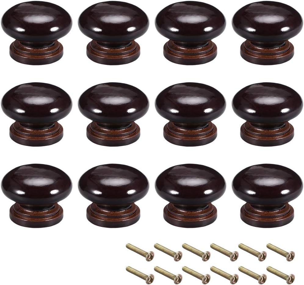 sourcing map Round Wood Knobs,12Pcs 34mm Dia Cabinet Furniture Kitchen Pulls Handles for Dresser Drawer Wardrobe Dark Brown