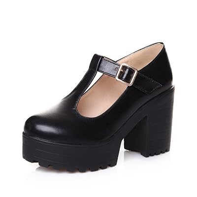 Milesline Fashion Womens Round Toe Platform Shoes T-Strap Chunky Heel Mary Jane Pumps