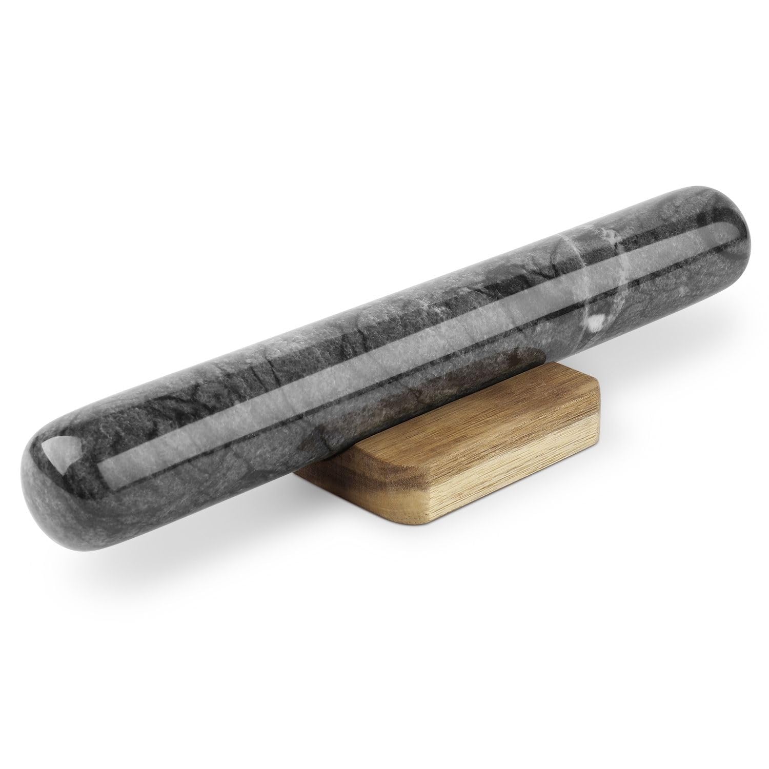 Flexzion Dowel Rolling Pin, 11-inch Black Marble with Wooden Holder Base Stand, Marble Rolling Pin for Baking Pastry Pizza Dough Roller Fondant Cookie Pie Crust Pasta Bakery Roller Pin