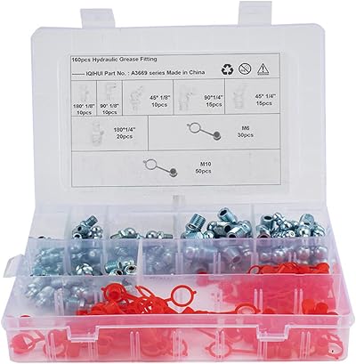 MACHSWON 160pc Grease Nipple Assortment M6 M10 45 90 180 Degree Fittings Caps