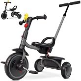 RIDYEE Foldable Toddler Tricycle 18 Months to 5 Years, Push Handle | Grey, Tricycles for 3-5 Year Olds, Adjustable Carry-Friendly Seat