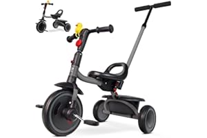 RIDYEE Tricycle for Toddlers 18 Months to 5 Years with Removable Push Handle, Tricycles for 3-5 Year Olds Ideal for On-The-Go Families, Adjustable Carry-Friendly Seat, Grey