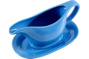 Bruntmor 20 Oz Blue Ceramic Gravy Boat With Tray, 20 Ounce Large Farmhouse Gravy Boat With Saucer For Dinner Table Decoration