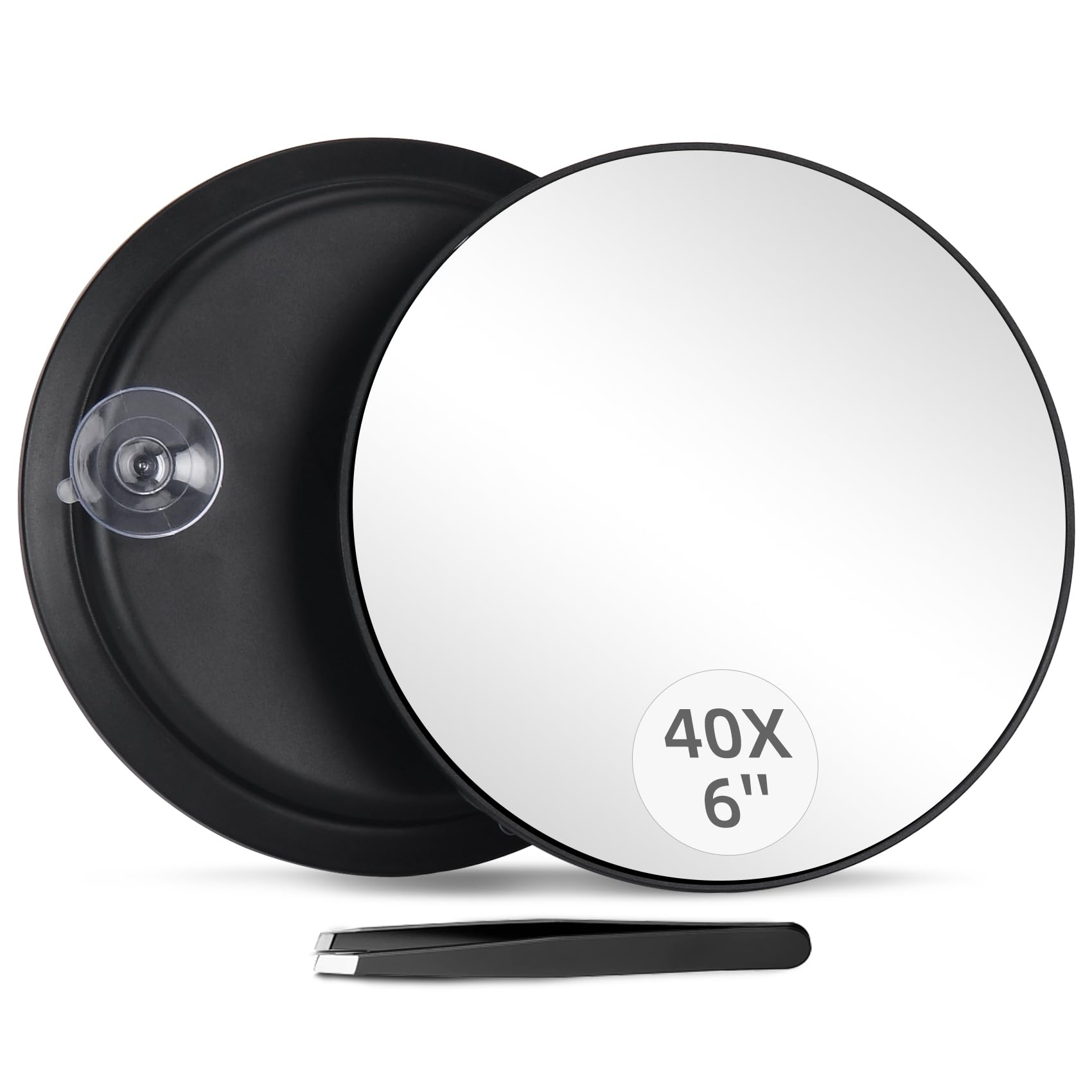 Photo 1 of 40X Magnifying Mirror with 3 Suction Cups, Magnified Makeup Mirror and Tweezers Set, Portable 6inch Travel Makeup Mirror with 40X Powerful+ Magnification for Makeup, Shaving, Blackhead Blemish Removal