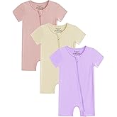 Jimonda Boys Baby Girls Short Sleeve Romper Unisex Baby Footless Pajamas With Viscose 2-Way Zipper Front 3Pcs0-24Months
