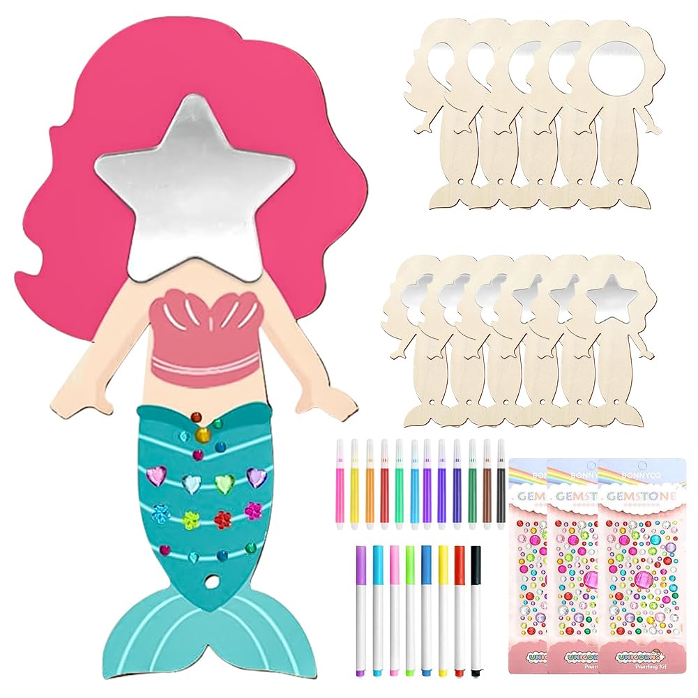 Ainiv 12 PCS Mermaid Craft Set, DIY Painting, Mini Wooden Mermaid Princess Mirror, Wooden Craft Creative DIY Mirrors for Holiday Party Decoration