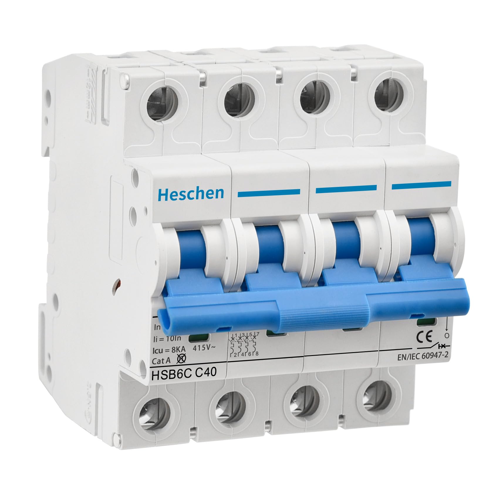 Heschen Miniature Circuit Breaker HSB6C, 40Amp Current, 4 Pole, Type C, 6kA Breaking Capacity, DIN Rail Mounting