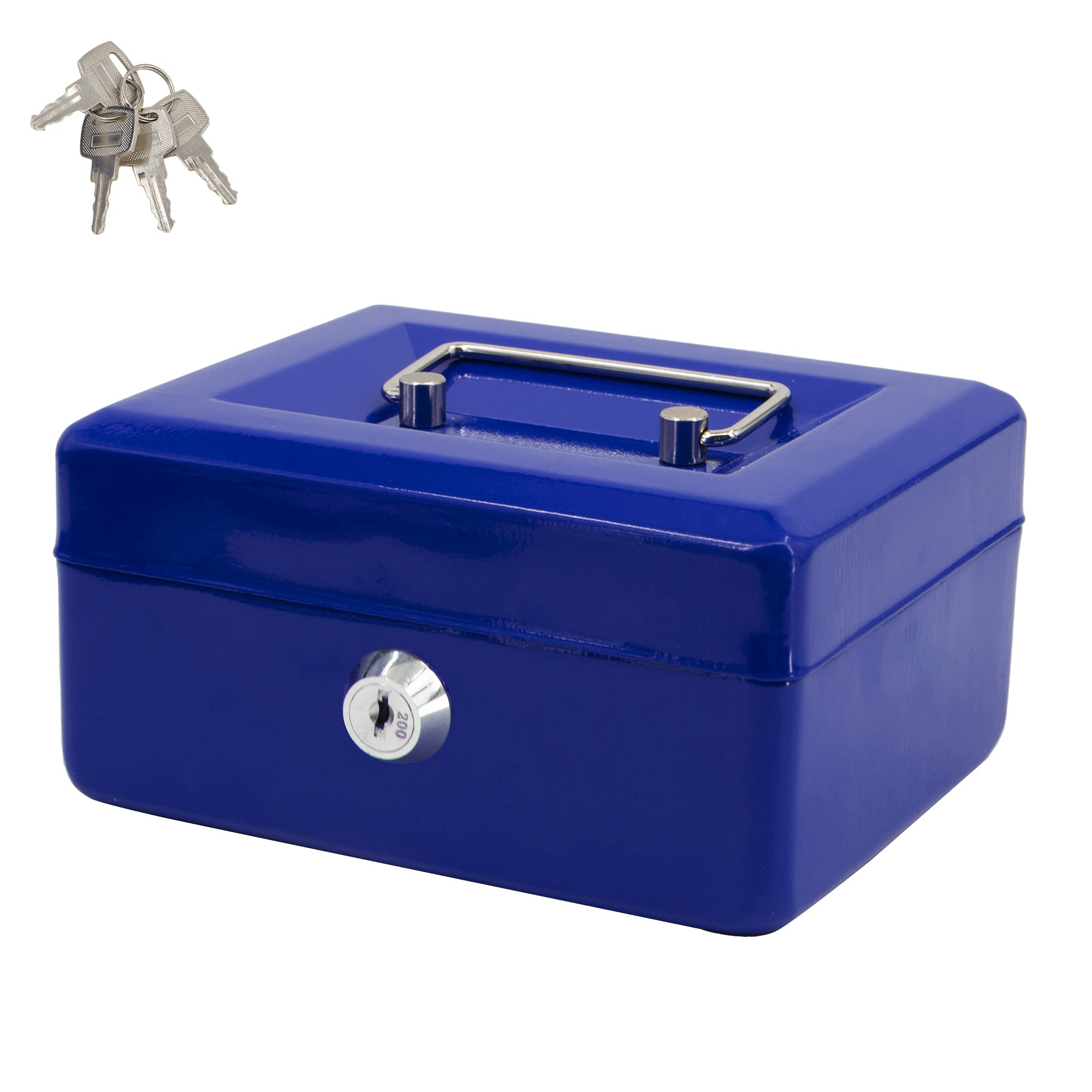 Time to Sparkle 6 inch Small Lock Box Money Safe with Tray for Cash Metal Saving Box Lock and Key with Stainless Steel Handle 15 * 12 * 8cm Blue