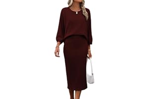 HBQ Women's 2 Piece Sweater Skirt Sets Ribbed Knit Loose Lantern Sleeve Top Midi Skirt Outfit Casual Loungewear Sets