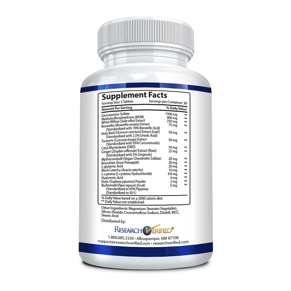 Research Verified Joint Support - Glucosamine, MSM, Turmeric, Boswellia, BioPerine - Vegan - 90 Capsules - 1 Month Supply