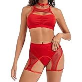 Kiruhytan Women‘s Rave Outfits Set: Cutout Fishnet Lingerie Top High Waisted Dance Shorts for Festival Party