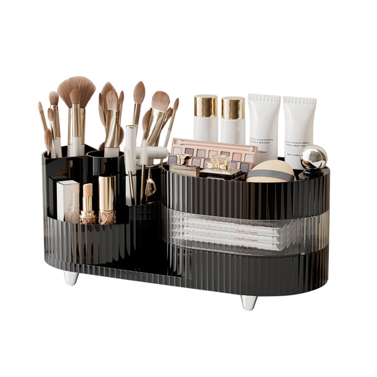 DASITON Makeup Organiser with Drawer, 360° Rotating Makeup Brush Holder, Makeup and Skincare Storage for Vanity, Desktop, Bathroom Countertop, Dressing Table Storage Organiser (Black 02)