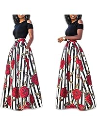 Dos piezas de vestidos de mujer - Floral africano maxi falda con bolsillos fuera del hombro superior blusa S-6XL