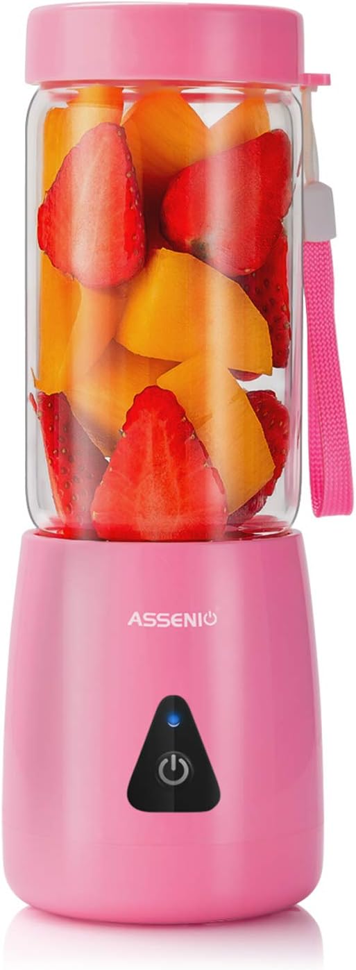 Portable Blender 2020 Upgrade, ASSENIO Smoothie Blender - 6 Blades Mini Travel Personal Blender with 2000mAh USB Rechargeable Batteries,Household Fruit Mixer, Detachable Juicer Cup 380ml - Pink