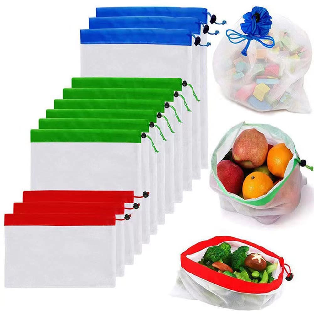 DZOZO 12 Pcs Reusable Mesh Produce Bags Washable Mesh Bags Drawstring Mesh Bags for Fruit Vegetable Eco Friendly Bags for Shopping Toy Storage Mesh Bag