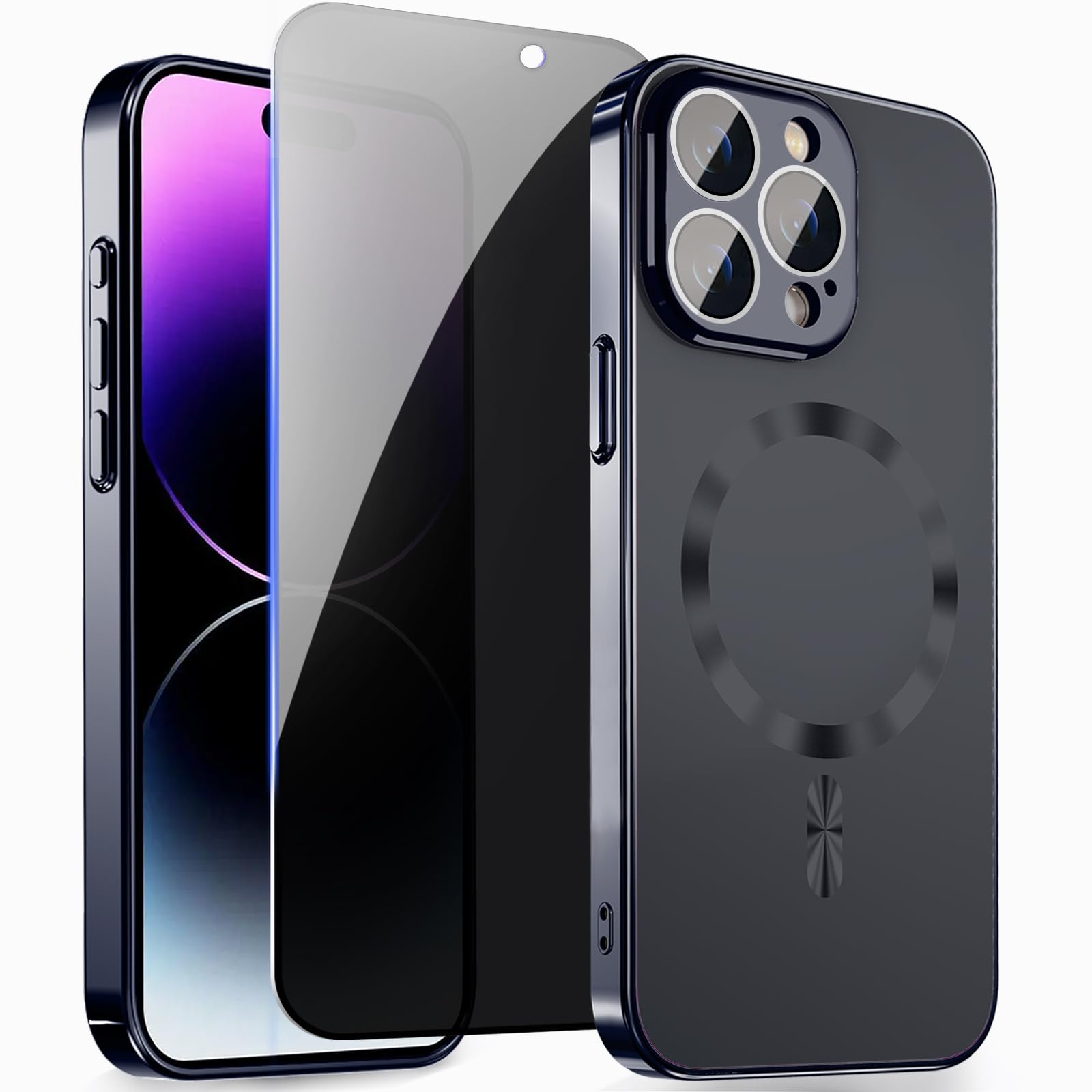 ZZYYQSL Magnetic Case for iPhone 14 Pro Max with Privacy Screen Protector and Full Camera Cover for iPhone 14 Pro Max, Sparkle Metal Glossy Luxury Color Phone Cases for 14 ProMax,No Fading-Black