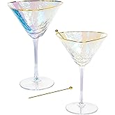 Sisterly Drinkware Iridescent Hammered Martini Glasses Set of 2 – Handmade Gold Rim Cocktail Glasses with 2 Gold-Plated Picks & 2 Coasters – 8 oz Elegant Barware for Martinis, Cocktails & Mocktails