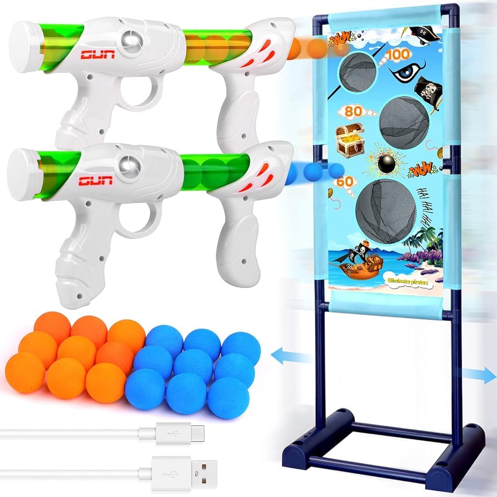 QCTOYS Kids Shooting Game Set - Moving Target with 2 Popper Guns 18 Foam Balls Indoor Outdoor Garden Shooting Toys Birthday Halloween Xmas Stocking Fillers Gift for Kids Ages 3 4 5 6 7 8 9 10+