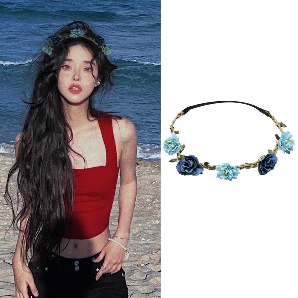 Flower Crown Floral Headband for Women Flower Headbands for Women Flowers for Hair Blue Floral Hair Accessories for Party Costume Flower Hair Band Floral crown for Women