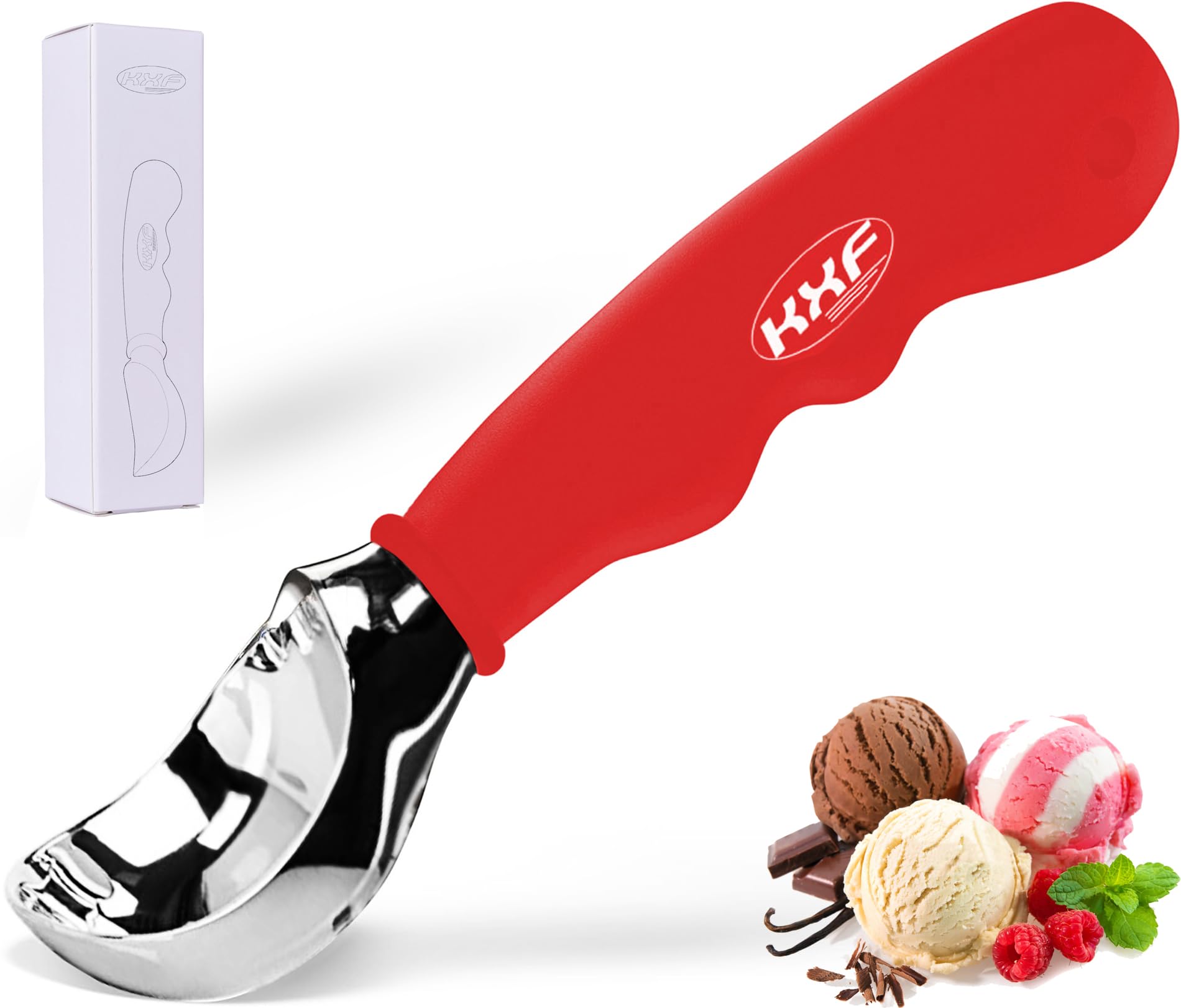 KXF Stainless Steel Ice Cream Scoop with Non-Slip Rubber Grip Heavy Duty Ice Cream Spoon Sturdy Icecream Scooper Cookie Fruit Scoop for Cookie Dough, Mash Potatoes, Melon Balls, Dishwasher Safe(Red)