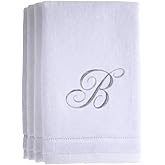 Monogrammed Towels Fingertip, Personalized Gift, 11 x 18 Inches - Set of 4- Silver Embroidered Towel - Extra Absorbent 100% Cotton- Soft Velour Finish - For Bathroom/ Kitchen/ Spa- Initial B (White)