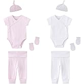 MAMIMAKA Newborn Infant Baby Boy Girl 100% Cotton Bodysuits Short Sleeve, Pants,Caps and Scratch Mittens Solid Color