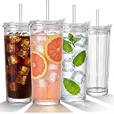 WERTIOO 20 Oz Ribbed Glass Tumblers with Straw and Lid, Glassware Drinking Glasses Set of 4, Leak Proof Ice Coffee Cups Reusable, Thickened Glass, Ideal for Iced Coffee, Smoothies and Juices