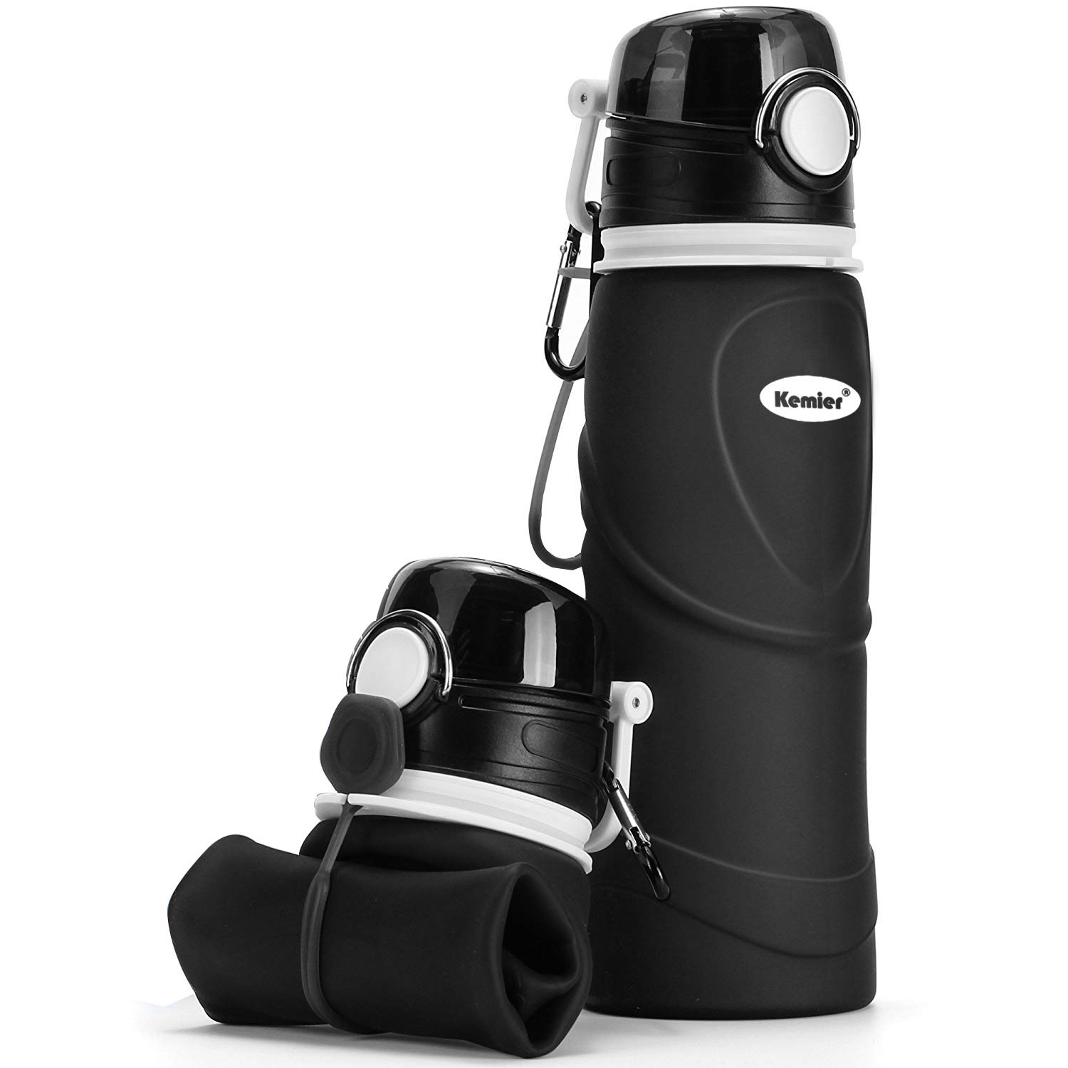 Kemier Collapsible Foldable Water Bottle for Travel, Gym, Hiking - Silicone Leakproof Sports Outdoor Bottle with Carabiner, 750ML/26OZ (Black)