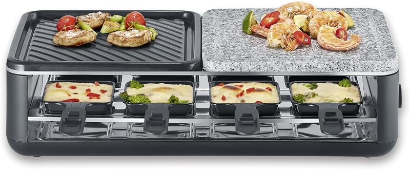 Raclette Grill, 1300W, 8 Padelline Antiaderenti Extra Profonde, Piastra Pietra Naturale e Ceramica, Temperatura Regolabile, 49,0 x 25,0 x 14,0 cm, Nero - RG 2366