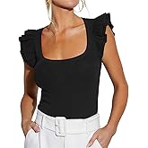 BONITEE Women Summer Ruffle Tops Sexy Square Neck Short Sleeve Shirts Trendy Casual Ribbed Slim Fitted Knit Tees Blouse