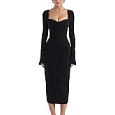 YMDUCH Women's Sexy Long Sleeve Sweetheart Neck Back Slit Bodycon Party Tight Midi Pencil Dress