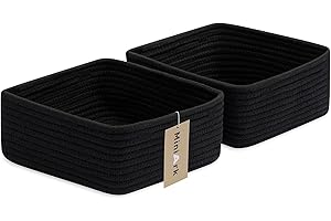 MiniArk Small Square Shallow Baskets for Organizing, 9.7x9.7x4.3 Inch Rope Woven Storage Bins for Cubes Closet, Shelves Storage, Boho Decorative Basket, 2 Packs Black