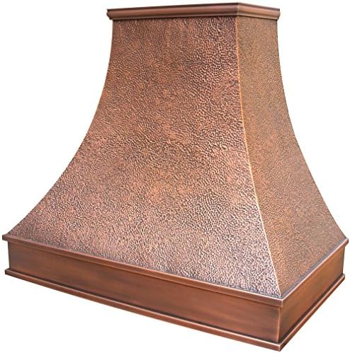 Copper Range Hood Cover Hancrafted by Skilled Artisan, Includes Fan Motor, Lighting and Stainless Steel Liner, Hand Hammered Texture and Antique Patina Wall Mount 36 x 42 inches