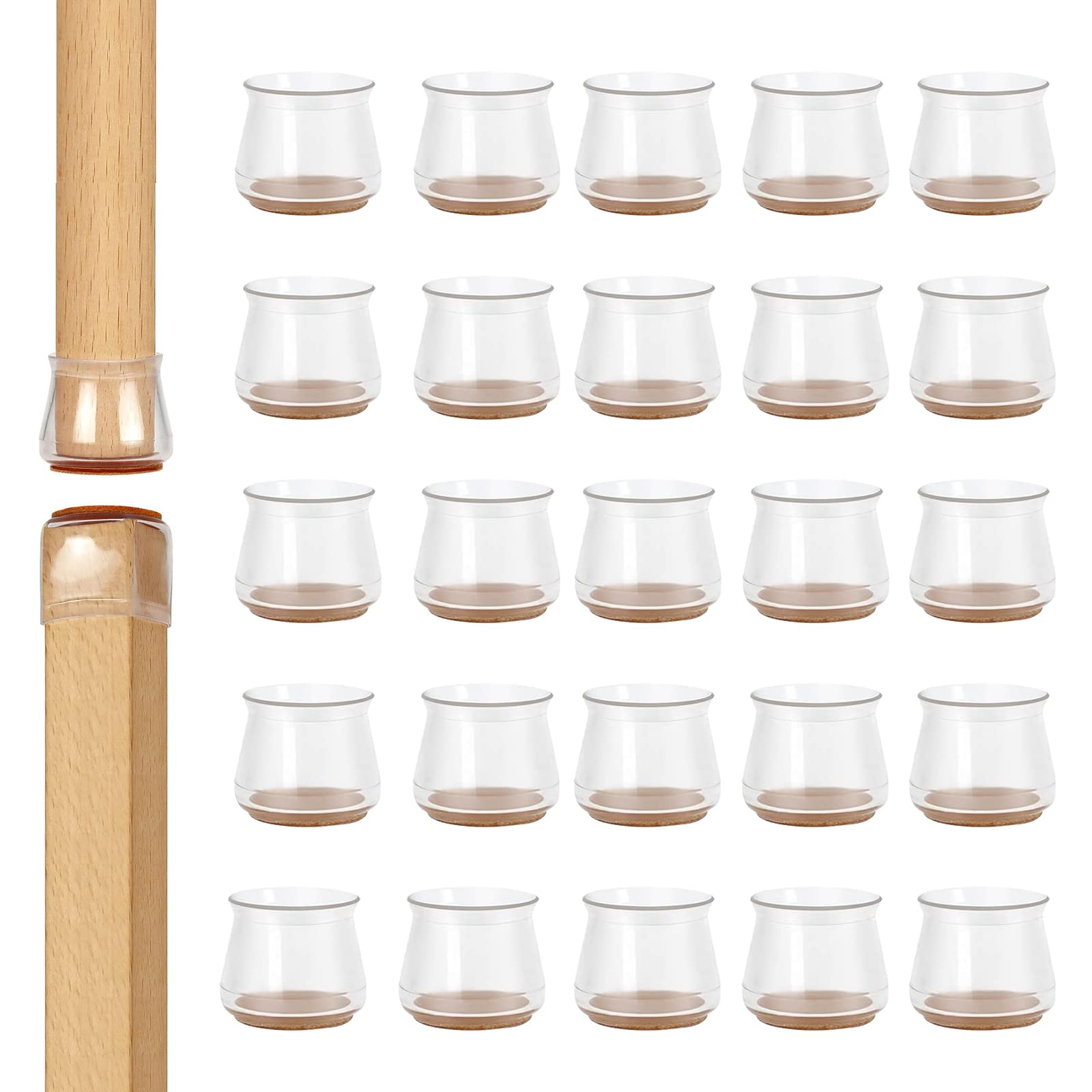 Bigqin 24 Pieces Chair Leg Floor Protectors Silicone Furniture Cups Soft Table feet Cover with Felt Pads, Cap for Round and Square Leg, Without Leaving Marks Scratches Noise, Transparent, S