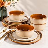 LeRatio Ceramic Dinnerware Sets for 4,12Pcs Porcelain Plates and Bowls Set | Handmade Reactive Glaze Ceramic Dish Set, Oven &amp; Microwave, Dishwasher Safe, Light Weight &amp; Scratch Resistant-Khaki
