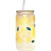 Lemonade Matte Finish Glass Tumbler with Bamboo Lid. Travel cup holder size - Hand crafted long lasting design of Lemon Slices and leaves