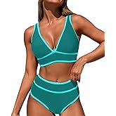 MIYOUJ High Waisted Bikini Sets Womens Cheeky Two Piece Swimsuit V Neck Color Block Bathing Suit