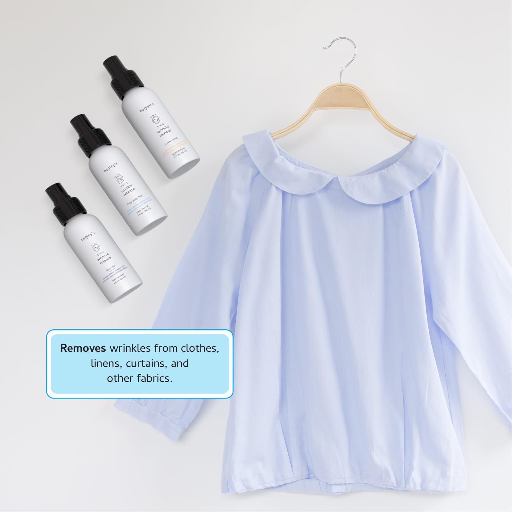 Begley's 3-in-1 Wrinkle Remover, Quick Fix Wrinkle Release, Static Cling Remover, Odor Eliminator and Fabric Refresher Spray - USDA Certified Biobased - Fragrance-Free, 3 oz Travel Size