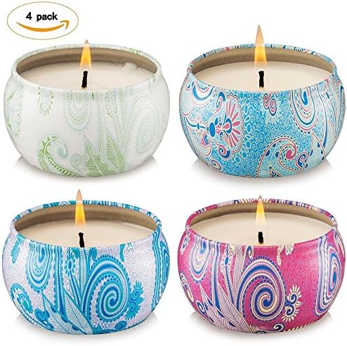 Scented Candles 4 Pack Gift Set - Vanilla,Lemongrass,Lavender and Rose, 100% Eco-friendly Soybean Wax Travel Tins Candle with Essential Oils & Easter Day Gifts