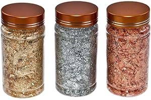 Gold Foil Flakes Imitation Gold Metallic Leaf for Nail Art Painting Silver Rose 3 Bottles Leaf