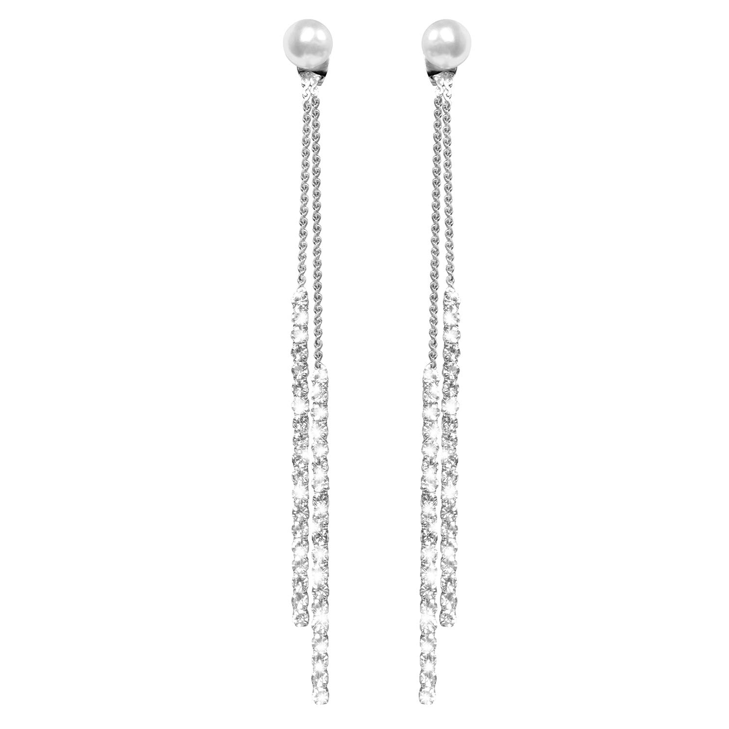 Fashion Long Tassel Crystal Pearl Two Ways Wear Cubic Zirconia Hypoallergenic & Nickel Free Stud Drop Dangle Earrings Jewelry for Girls Women, Chic Silver