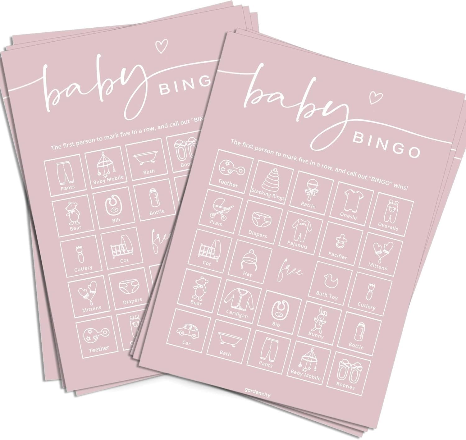 Photo 1 of GardenCity Baby Shower Bingo Game for Girl (50 Unique Cards), Pre-Filled Fun Baby Shower Game Activity, Perforated Calling Cards, Gender Neutral, Pink