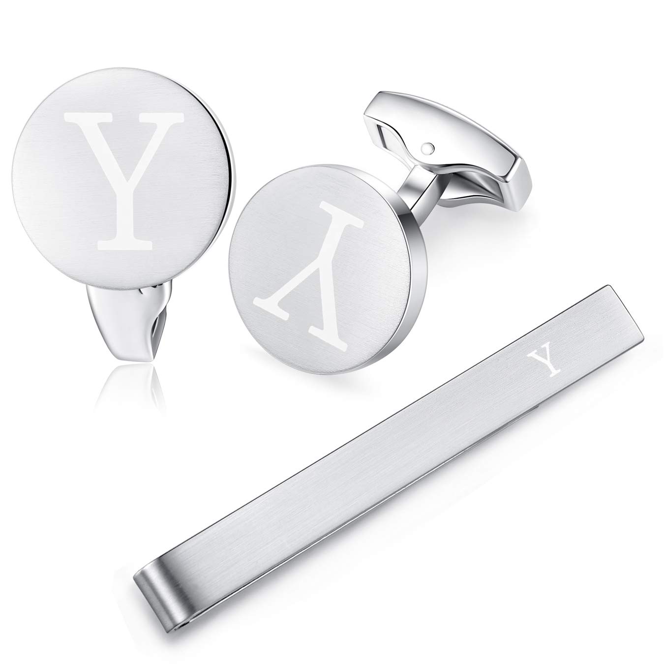 HONEY BEAR Initial Alphabet Letter Cufflinks Tie Clip Set for Mens - Brushed Silver Round Stainless Steel, for Business Wedding Gift,5.4cm (Y 2)