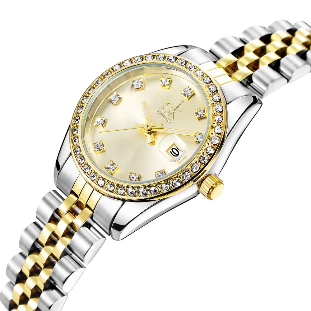 SHENGKE Women's Crystal Accented with Solid Alloy Steel Band Watch Elegant Dress Quartz Calendar Watches for Women