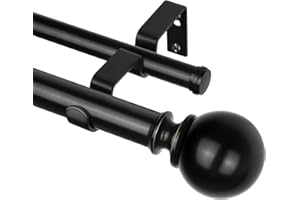 KAMANINA 1 Inch Double Curtain Rod 72 to 144 Inches(6-12 Feet), Black Telescoping Curtain Rods for Windows 66 to 120 Inches, Heavy Duty Drapery Rod with Round Finials
