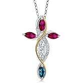 Cross Necklace For Women In 925 Silver and 10K Yellow Gold with Moissanite and Created Ruby and London Blue Topaz | 1.60 Cttw | Jesus Christian Religious Crucifix | Marquise 8X4MM | 18 Inch Chain