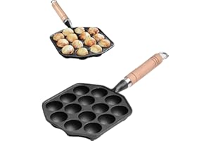 Takoyaki Grill Pan 14 Holes Nonstick Cast Iron Octopus Meat Balls Molds Maker with Detachable Handle, Pancake Balls Desserts 