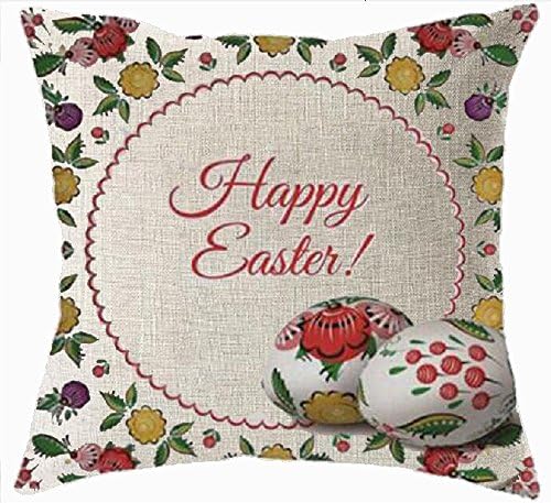 Happy Easter Retro Smile Rabbit Color Egg and Butterflies Cotton Linen Square Decorative Throw Pillow Case Cushion Cover 18inchs (6)
